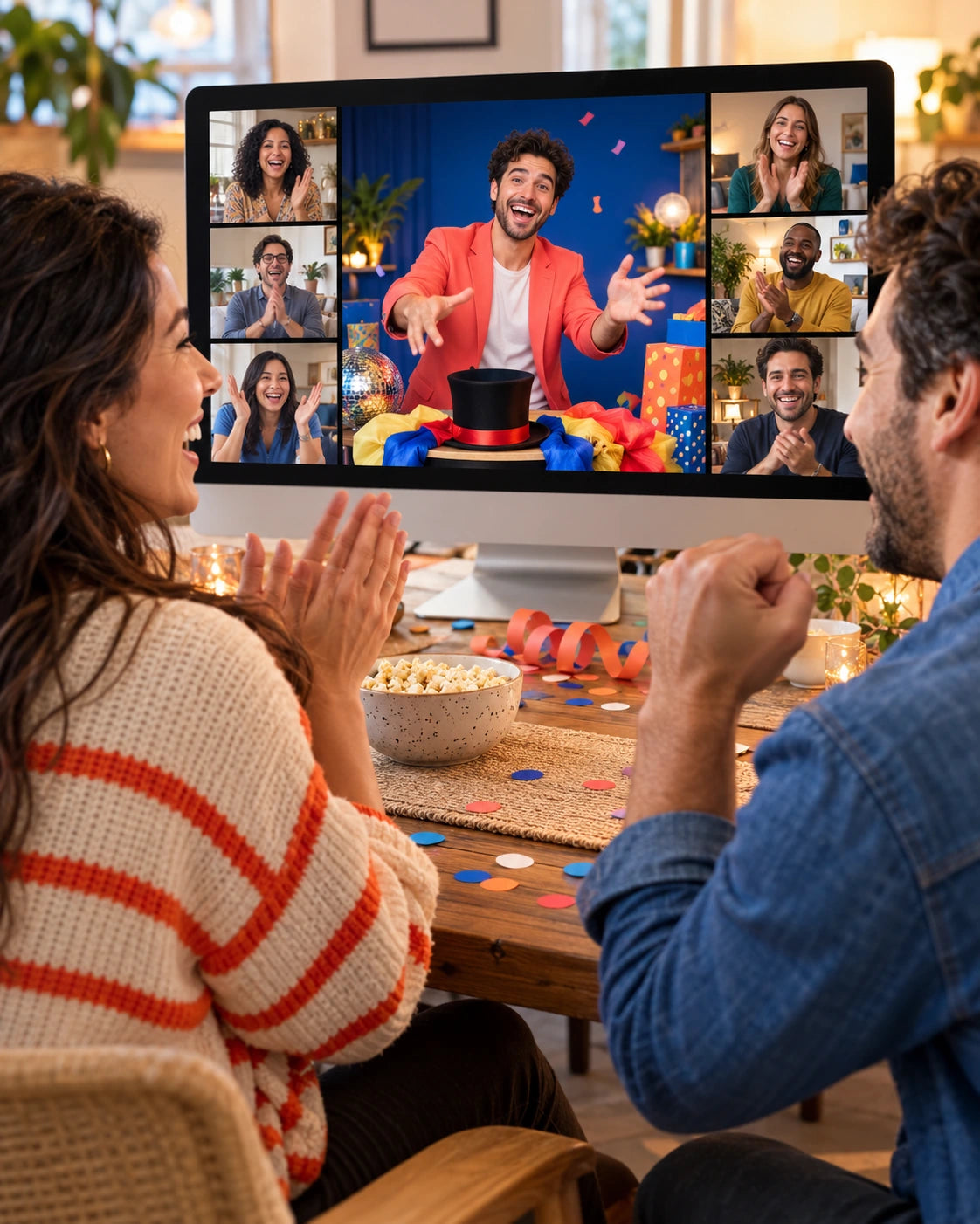 Illustration of remote guests taking part in a virtual entertainment event.