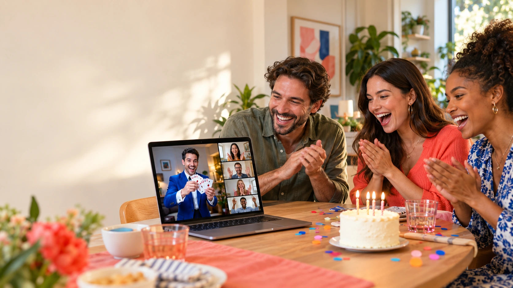 Illustration of guests enjoying a live online entertainment show together.